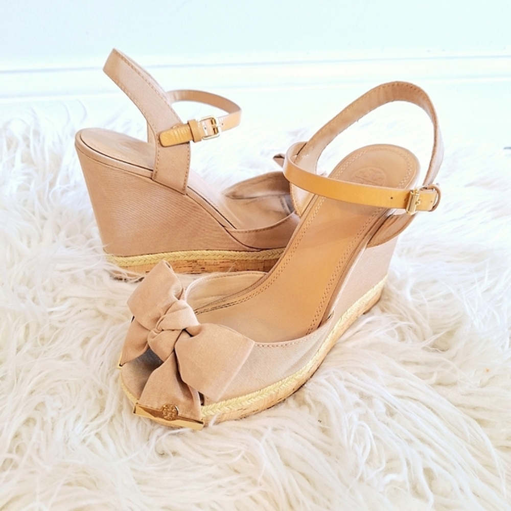Tory Burch Beige Canvas Espadrille Wedge Ankle Strap Sandals - 9.5 - Picture 2 of 11